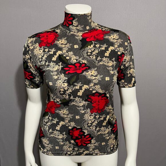 Susan Lawrence Cherry Red Floral Knit Romantic Short Sleeve Top Sz-Medium - Picture 2 of 10